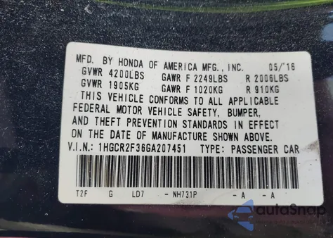 2016 Honda Accord Lx z USA, uszkodzony, nr VIN 1HGCR2F36GA207451